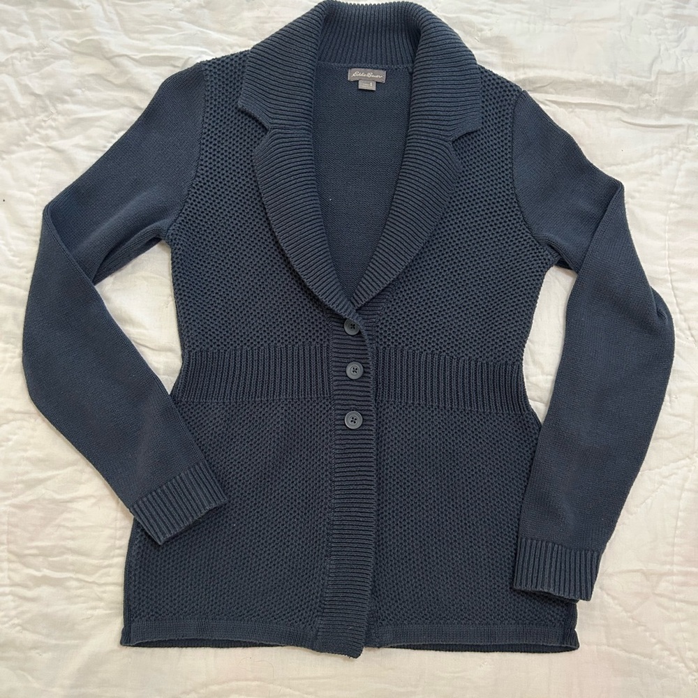 Eddie Bauer Cardigan Sweater Womens Size S Blue Flyaway Button Dark Academia